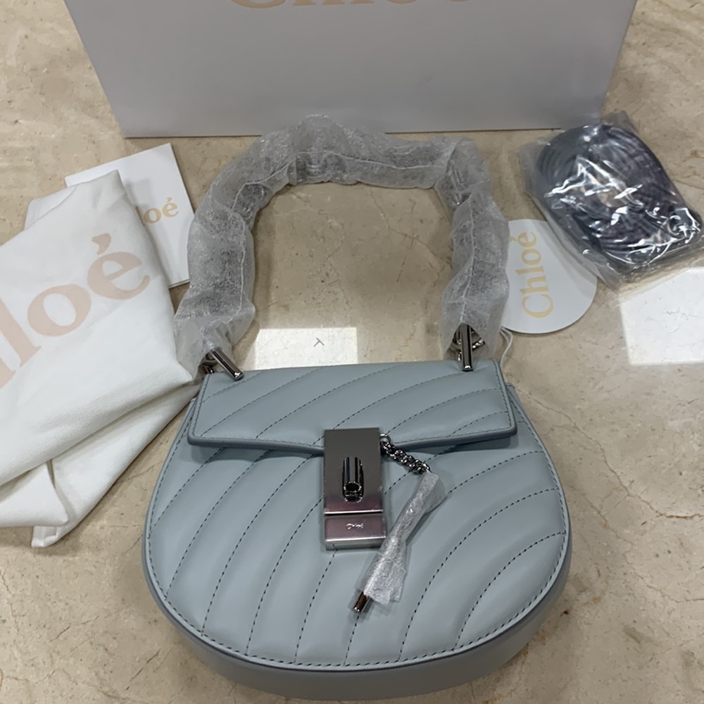 CHLOE MINI DREW CALF LEATHER CROSSBODY W/SILVER TONE JEWELRY CHAIN IN AIRY GREY - Picture 2 of 16